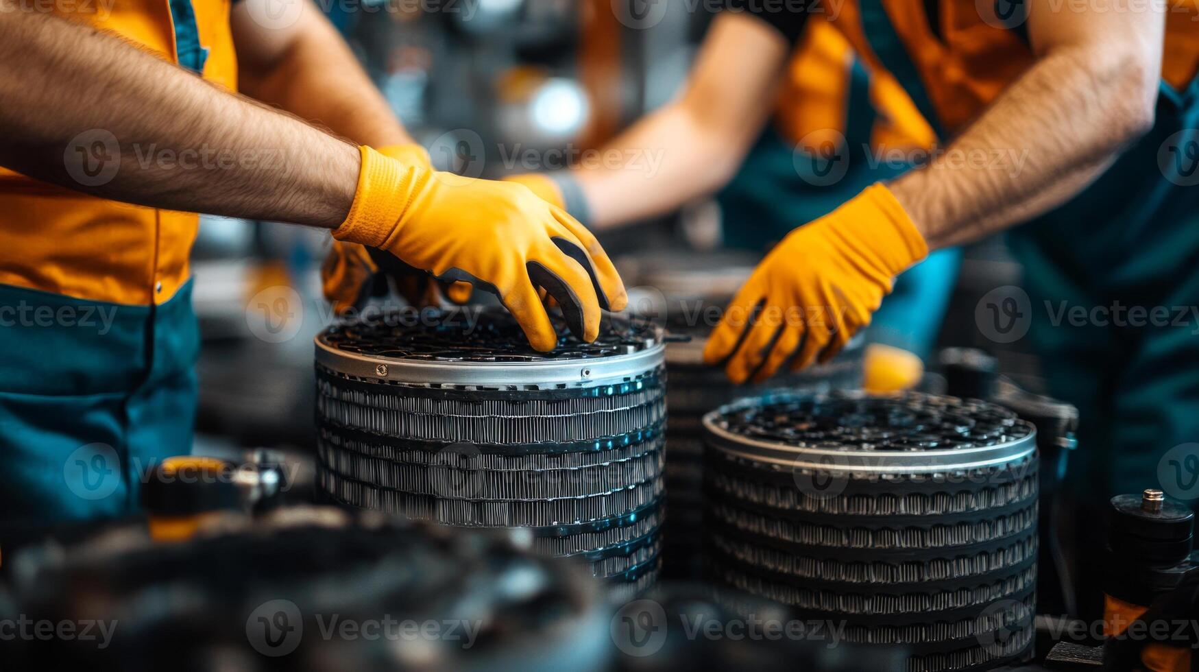 Two workers assembling mechanical components in a factory setting. photo