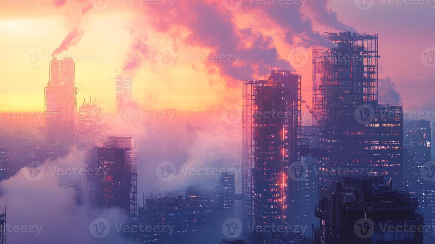Urban skyline at sunset with smoke and fog creating a dramatic atmosphere. photo