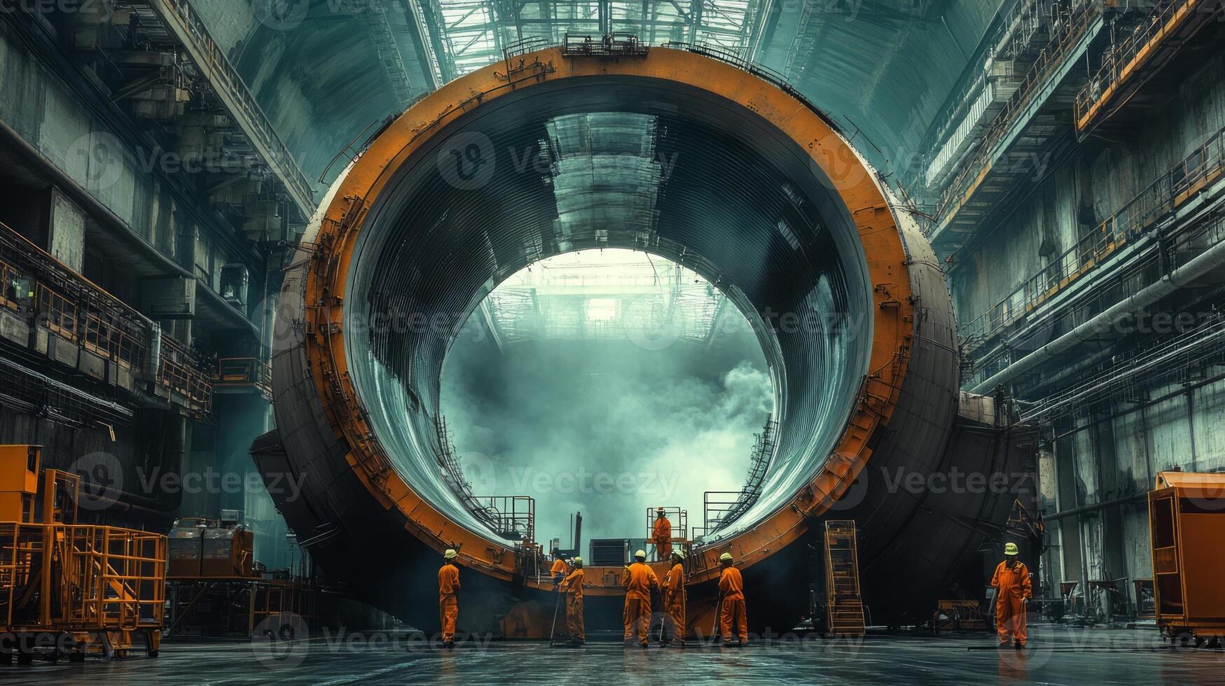 Workers in an industrial setting around a large circular structure, possibly for manufacturing. photo