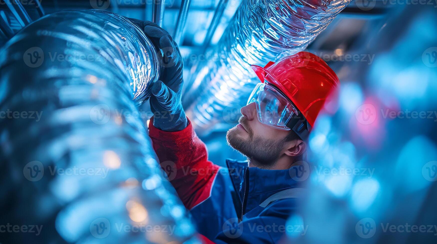 A man in a hard hat and helmet is working on a pipe photo