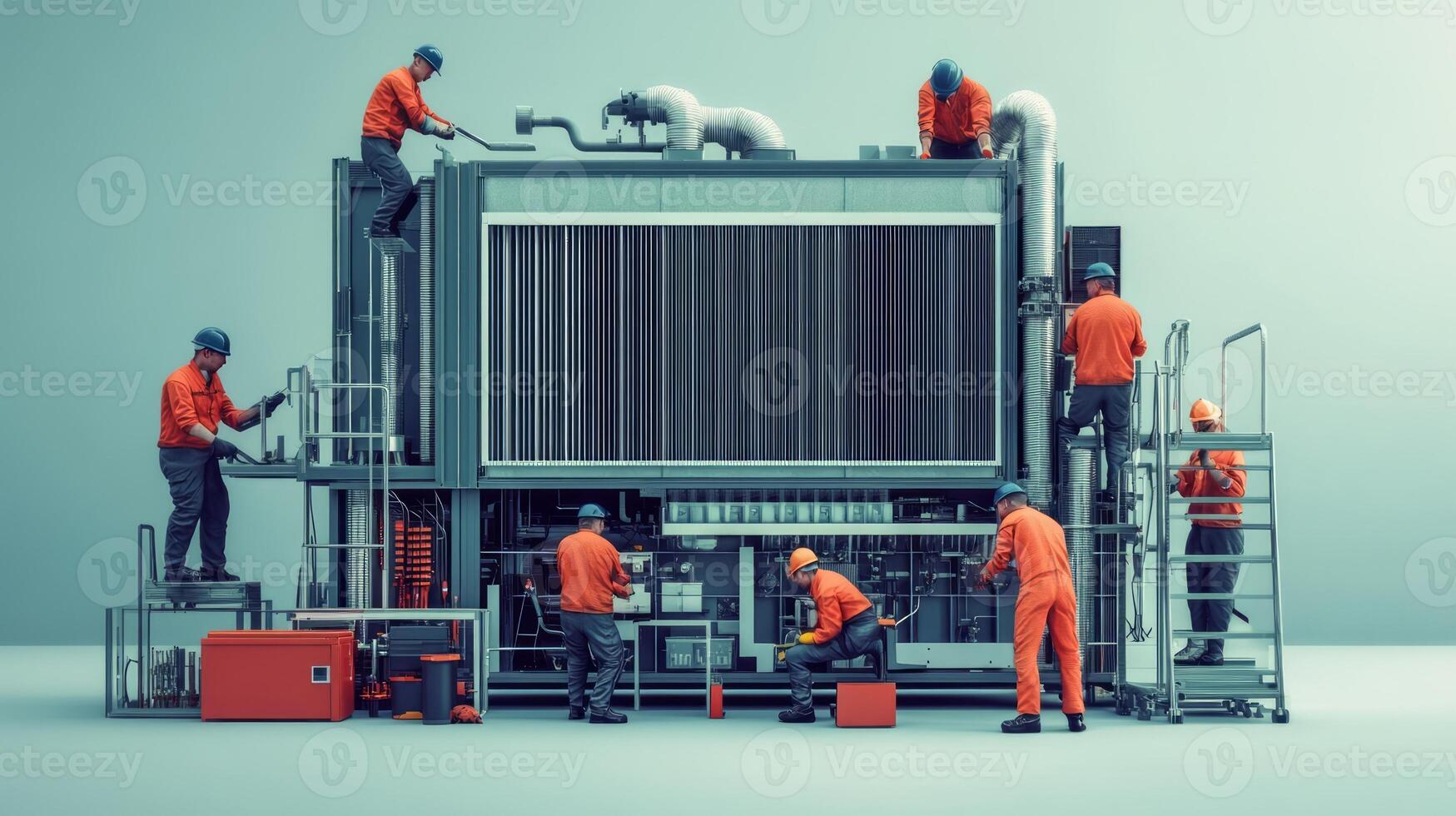 Workers assembling a large industrial machine in a modern setting. photo