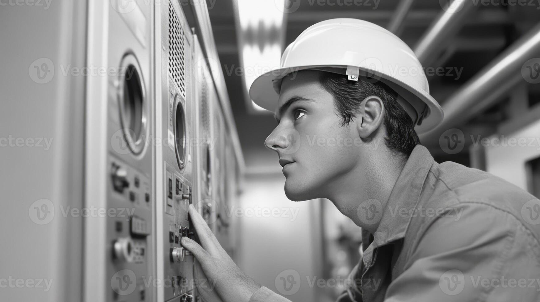 A man in a hard hat looking at a panel photo