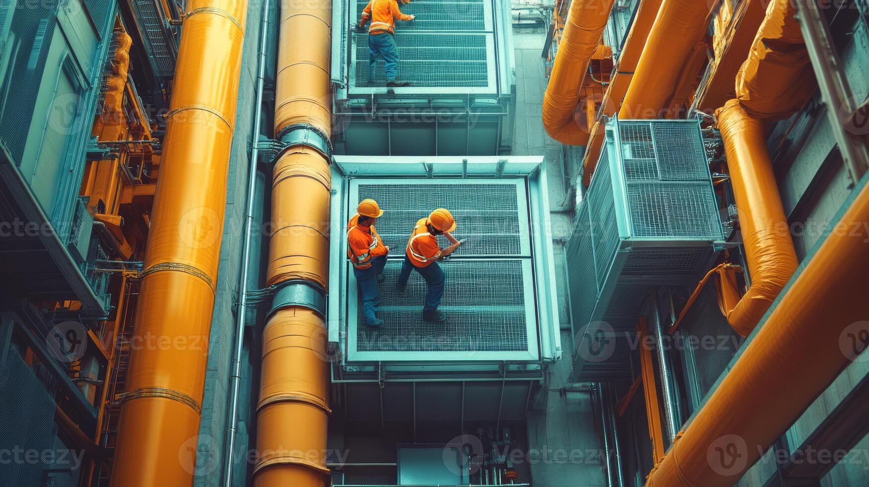 Workers in safety gear operate machinery in an industrial setting with vibrant pipes. photo
