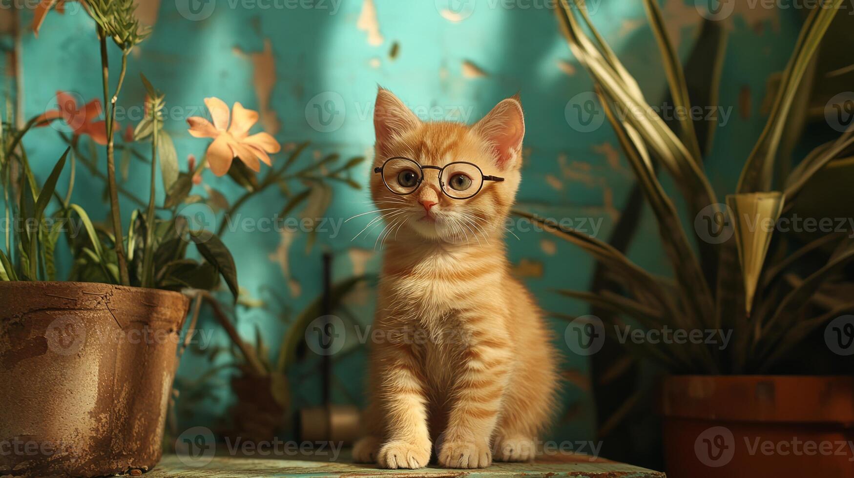 A kitten wearing glasses sits on a table next to a plant photo
