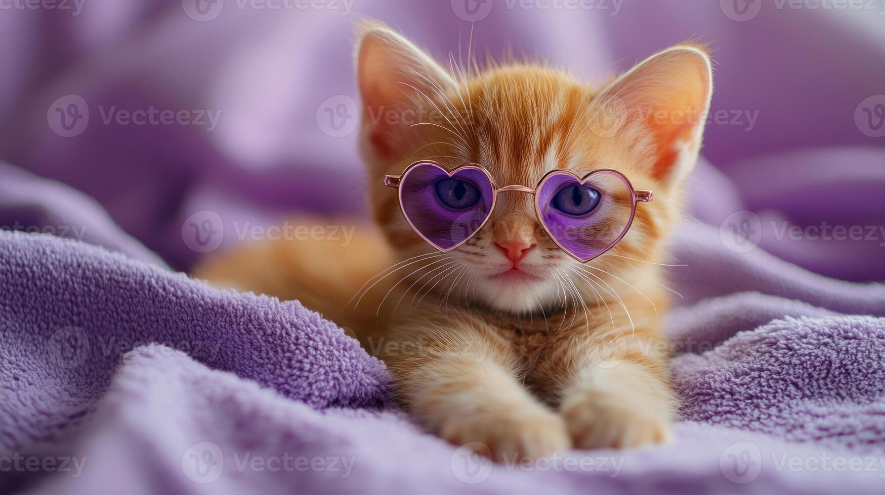 A kitten wearing purple heart shaped glasses photo