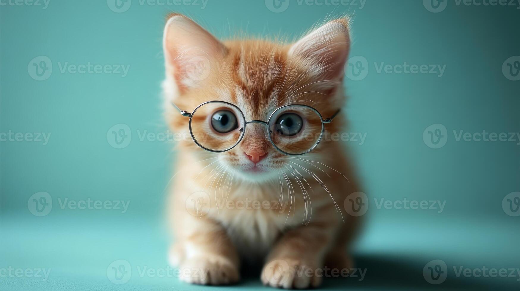 A small orange kitten wearing glasses photo