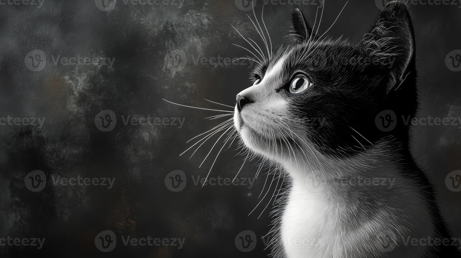 Black and white cat looking up at the sky photo