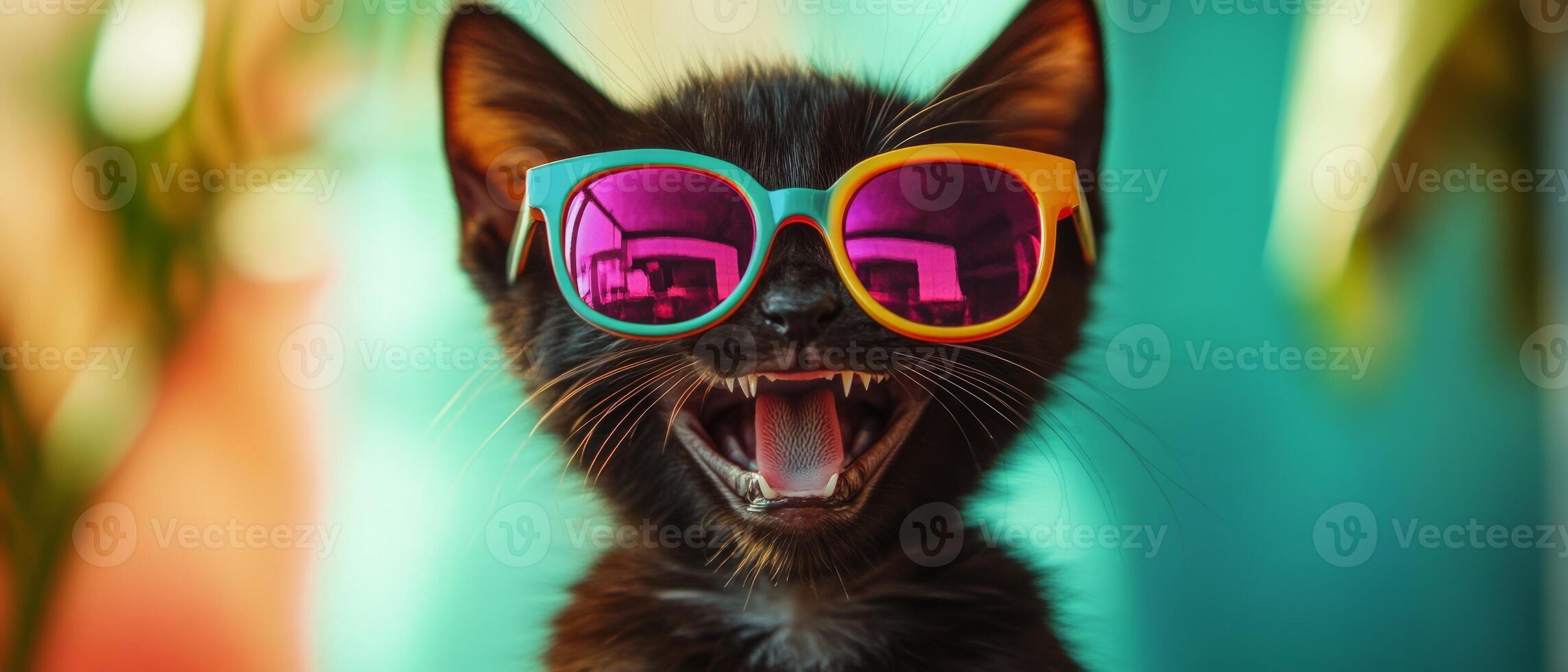 A black cat wearing sunglasses with its mouth open photo