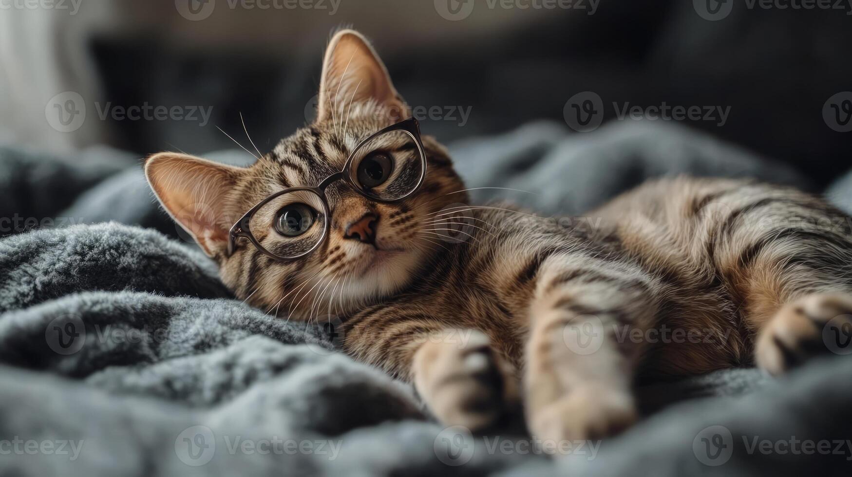 A cat wearing glasses laying on a bed photo