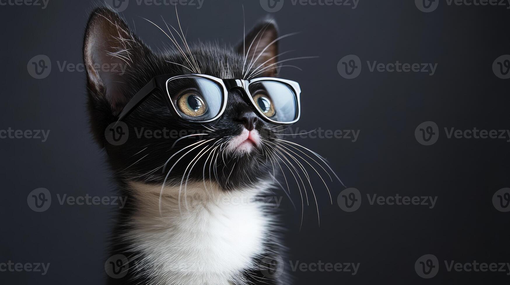 A black and white cat wearing glasses photo