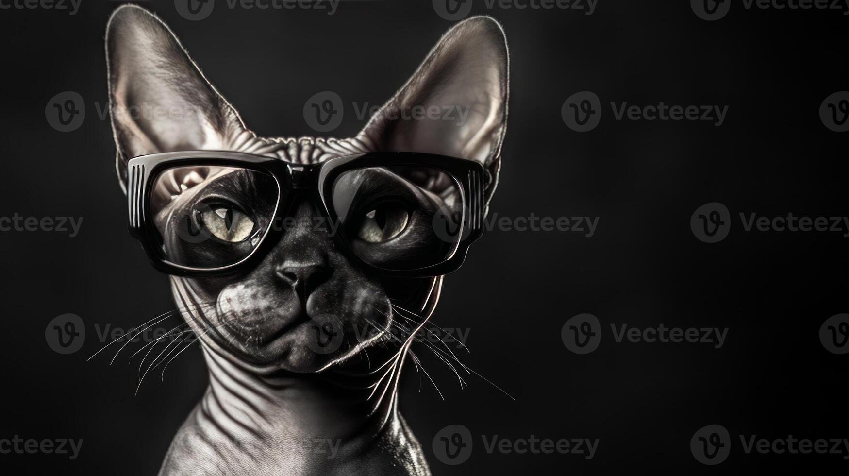 A cat wearing sunglasses on a black background photo