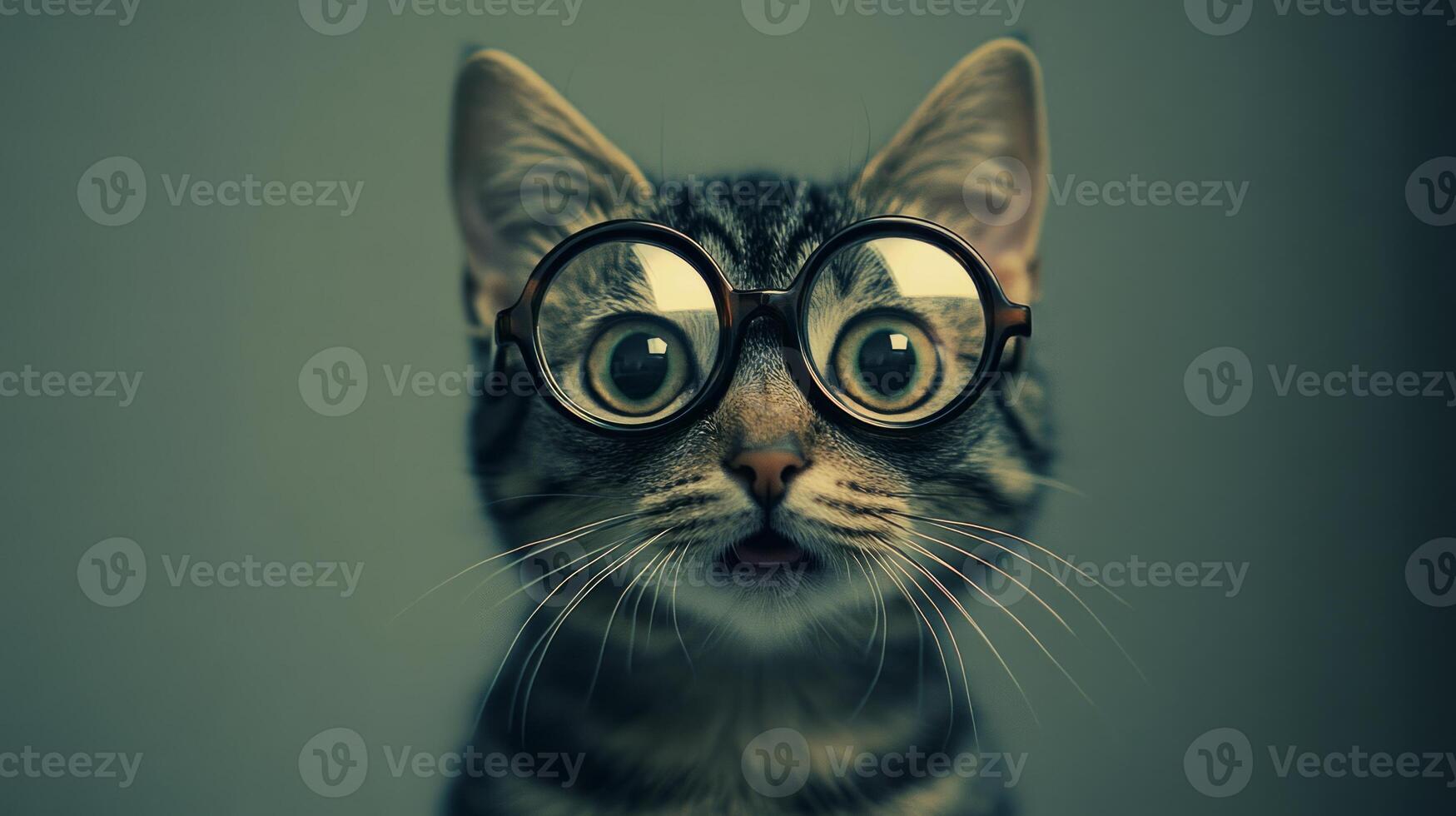 A cat wearing glasses and looking up photo