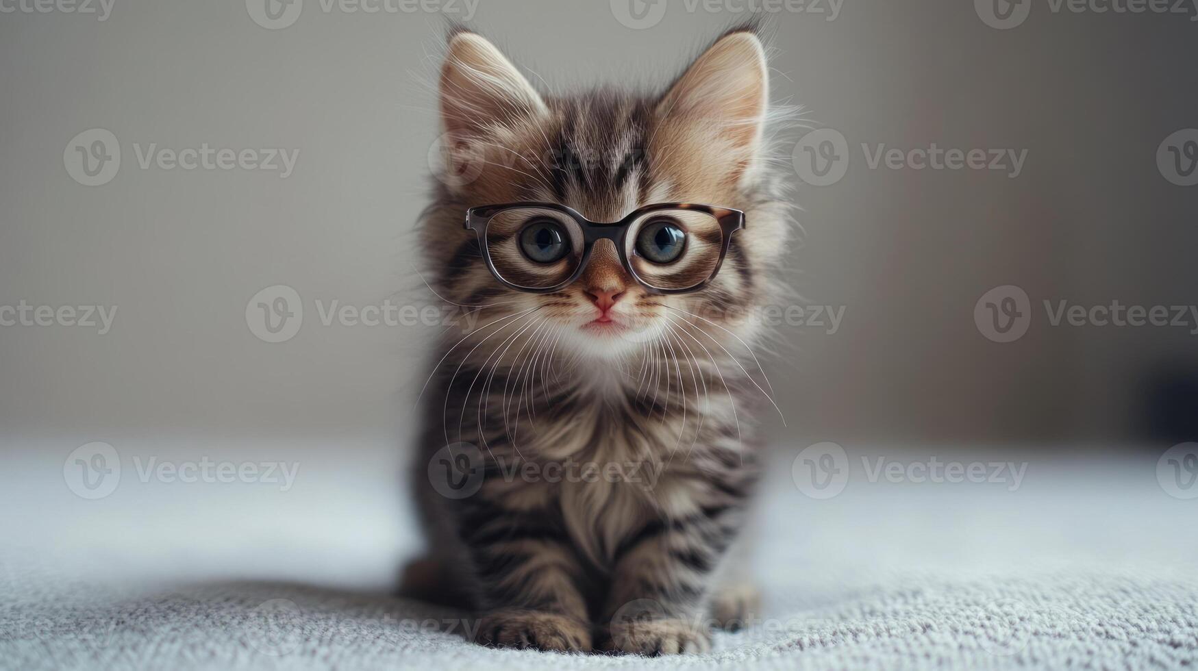 A kitten wearing glasses sits on a bed photo