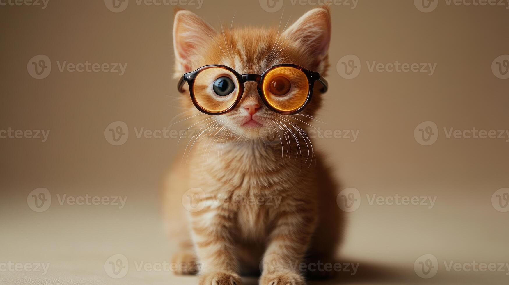 A small kitten wearing glasses on a brown background photo