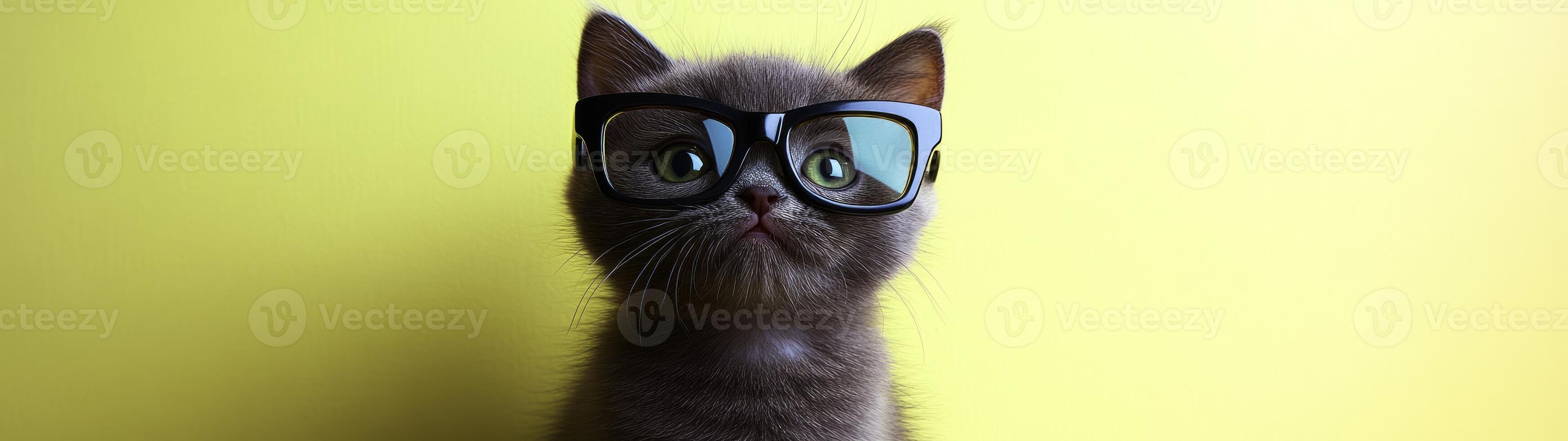 A cat wearing glasses on a yellow background photo