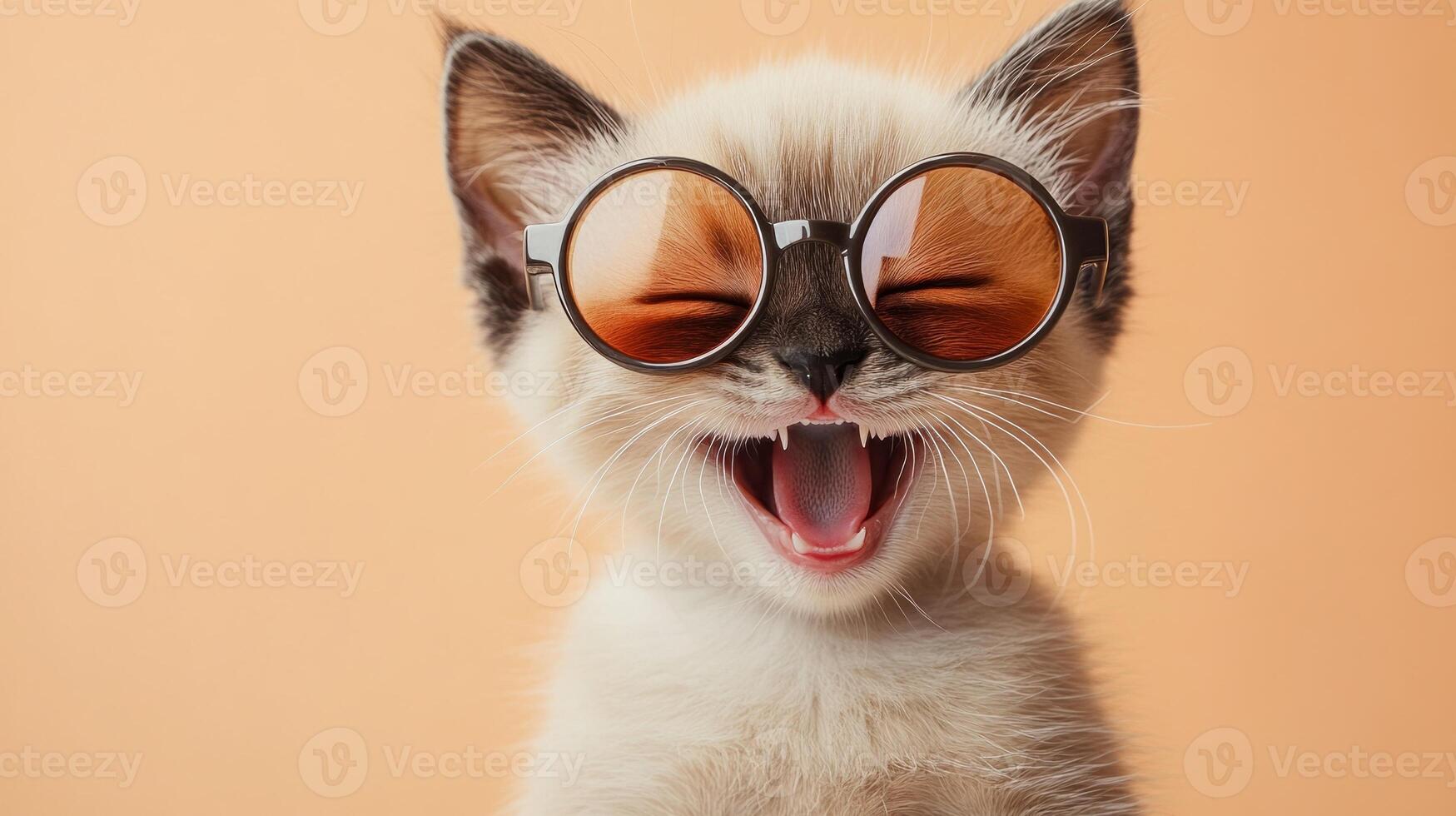 A cat wearing sunglasses and yawning photo