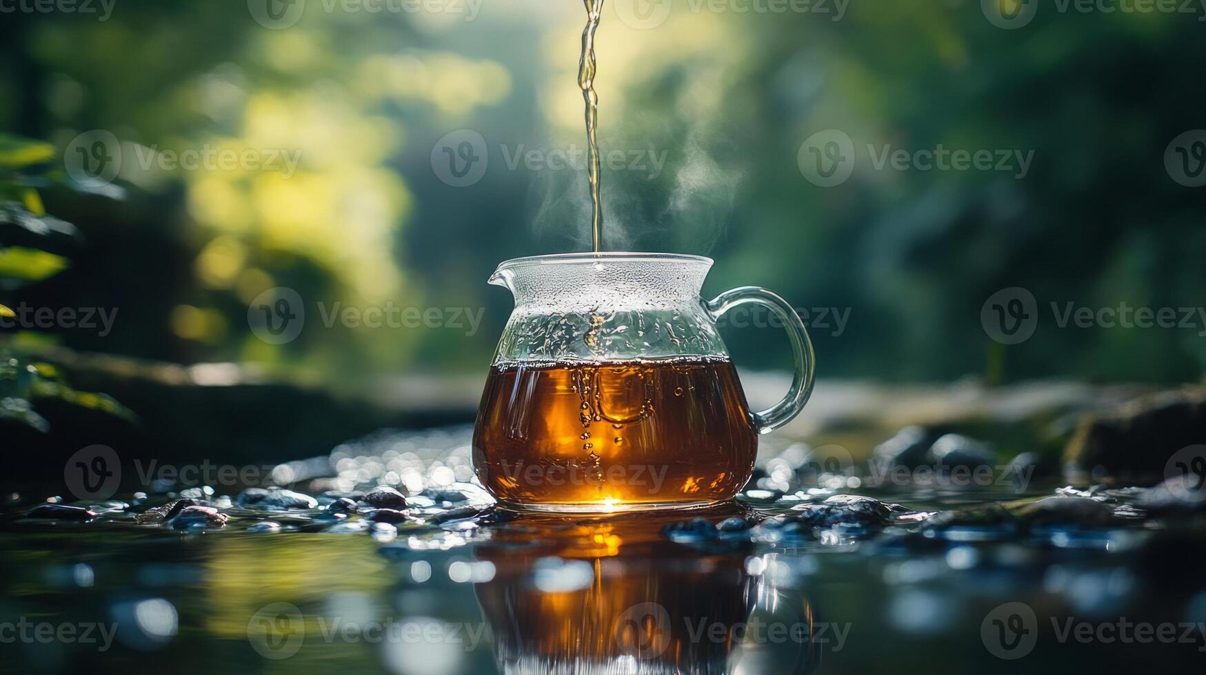 A pitcher of tea is being poured into a stream photo