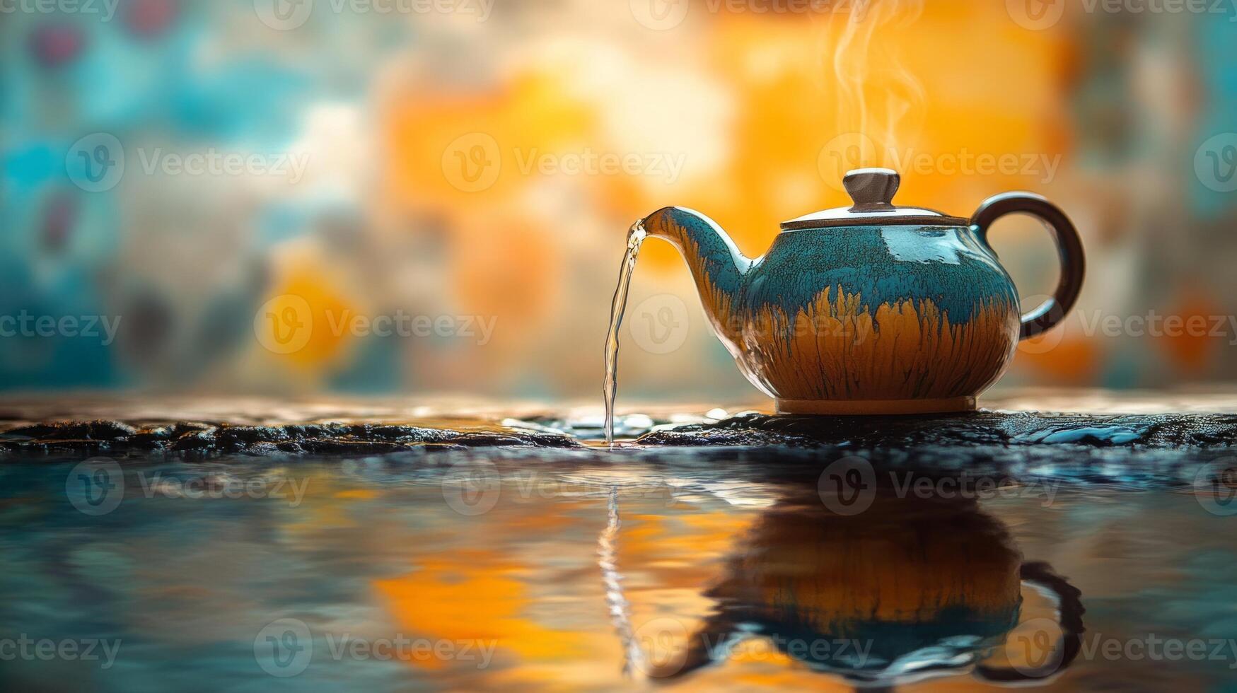 A teapot is sitting on the edge of a pool photo
