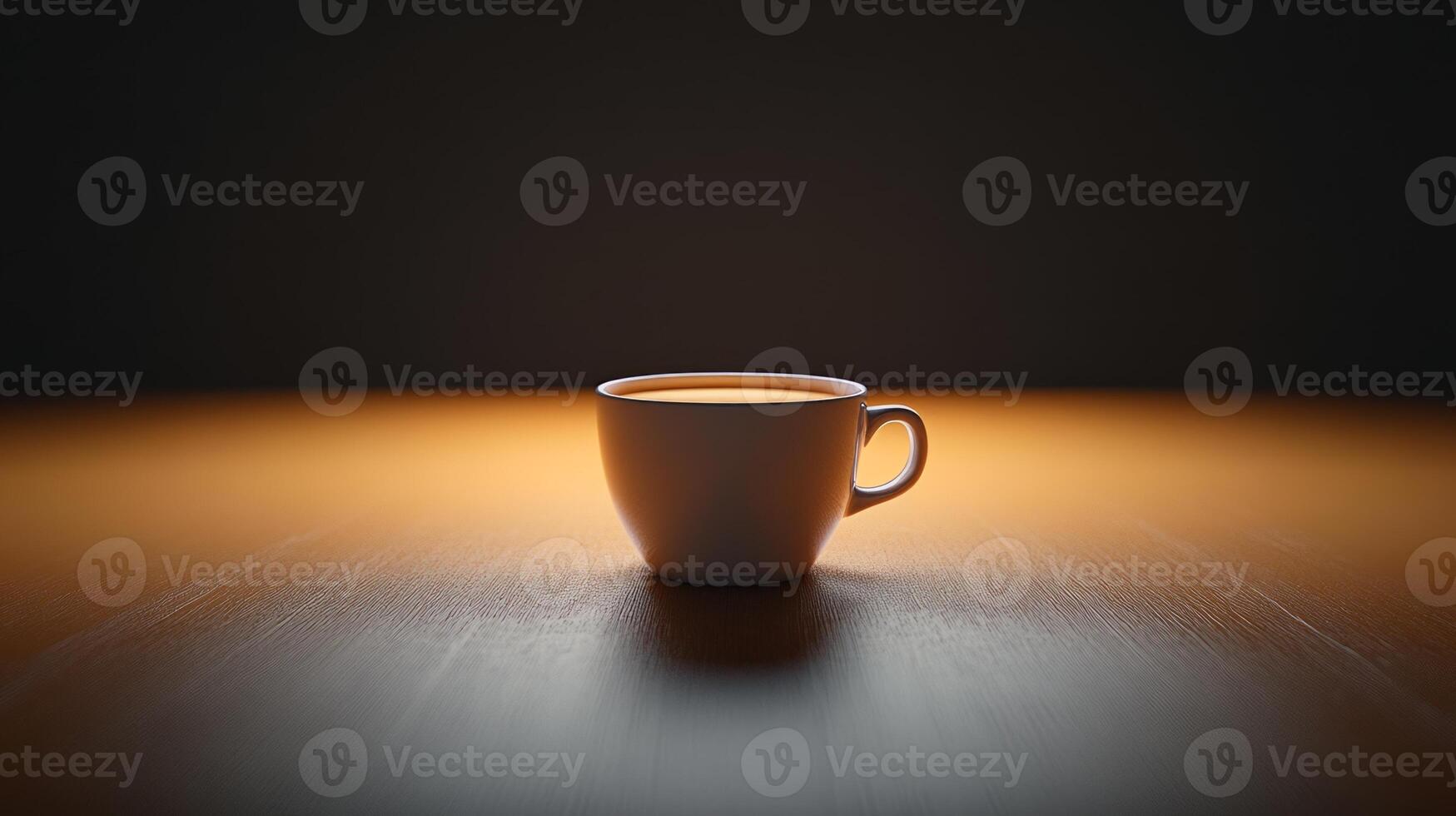 A coffee cup on a table in front of a dark background photo