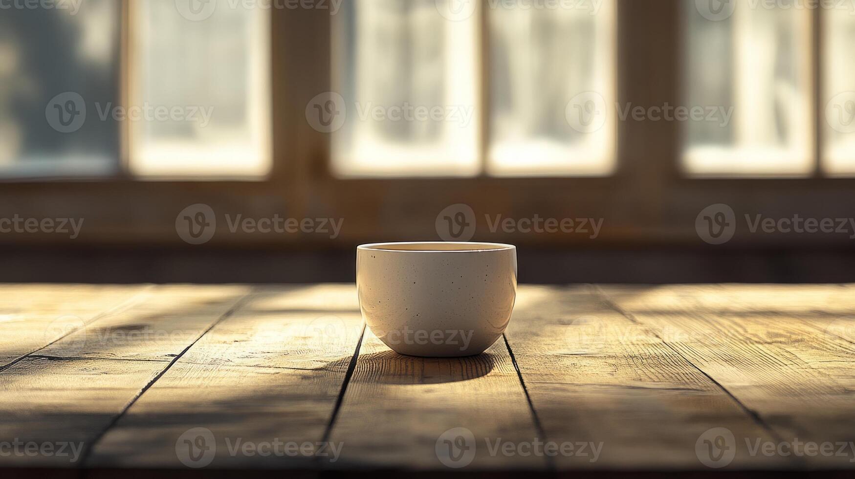 A coffee cup sitting on a wooden table in front of a window photo