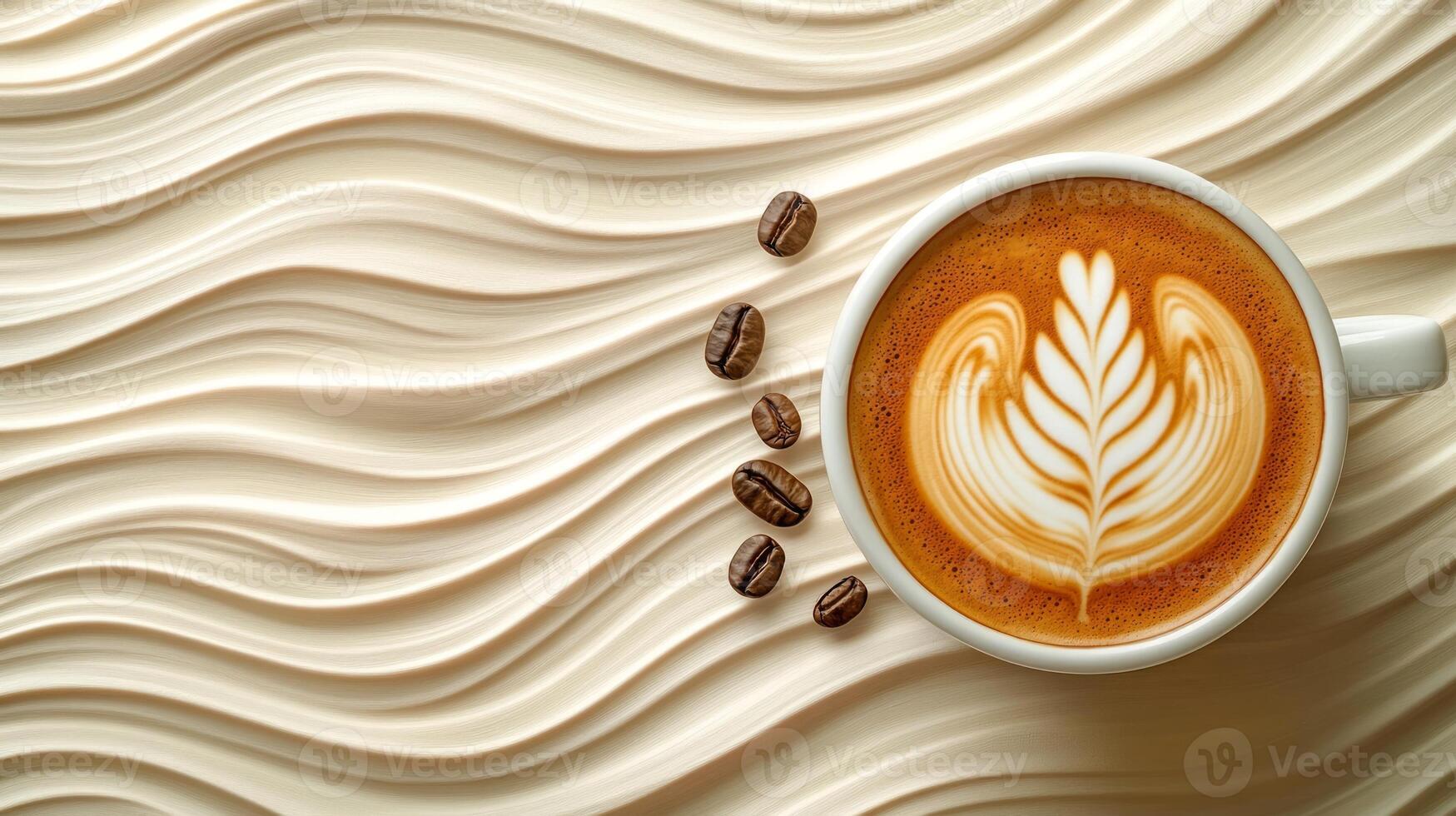 Coffee cup with latte art on a wavy background photo