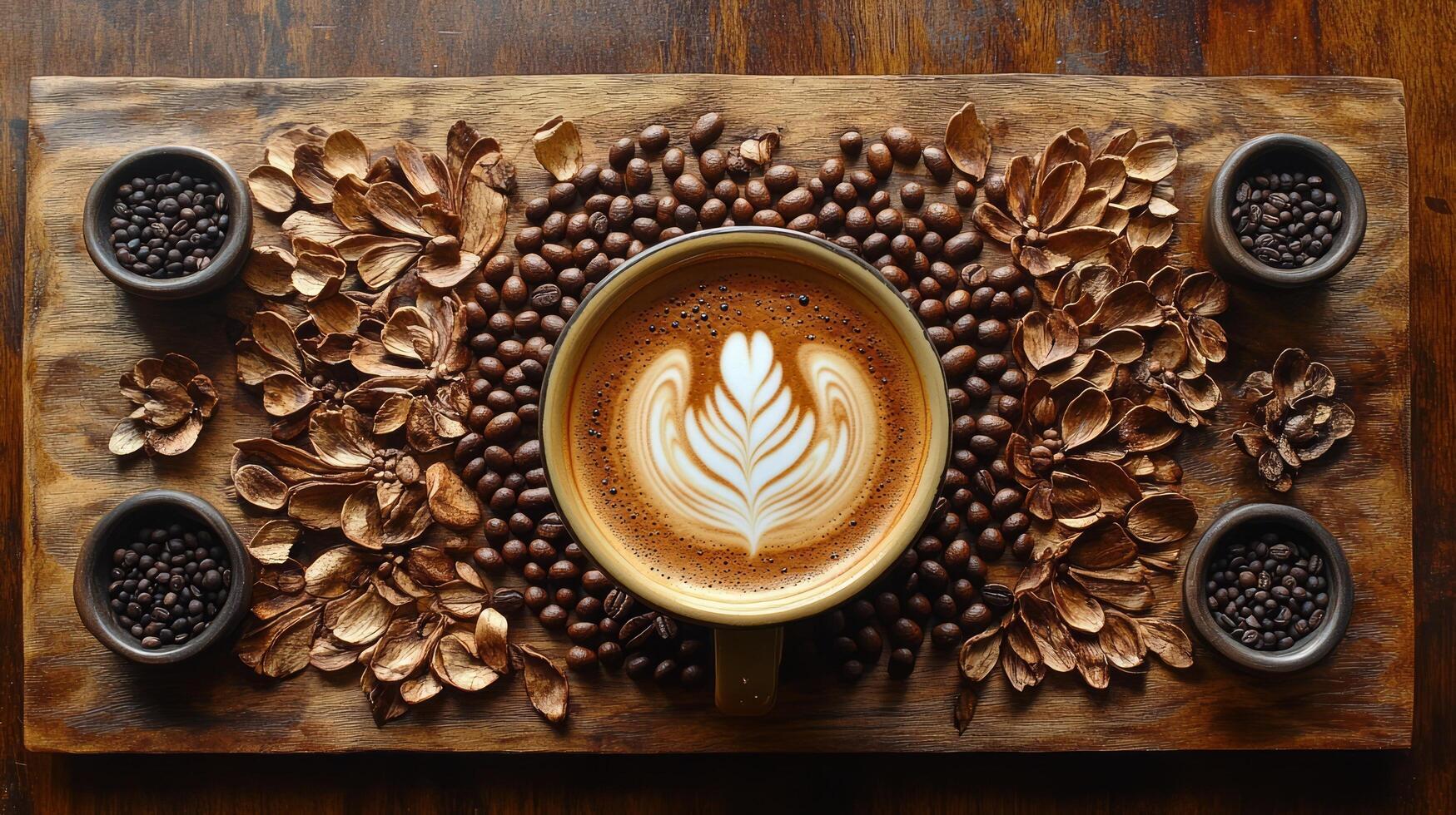 Coffee beans and coffee cup on wooden table photo