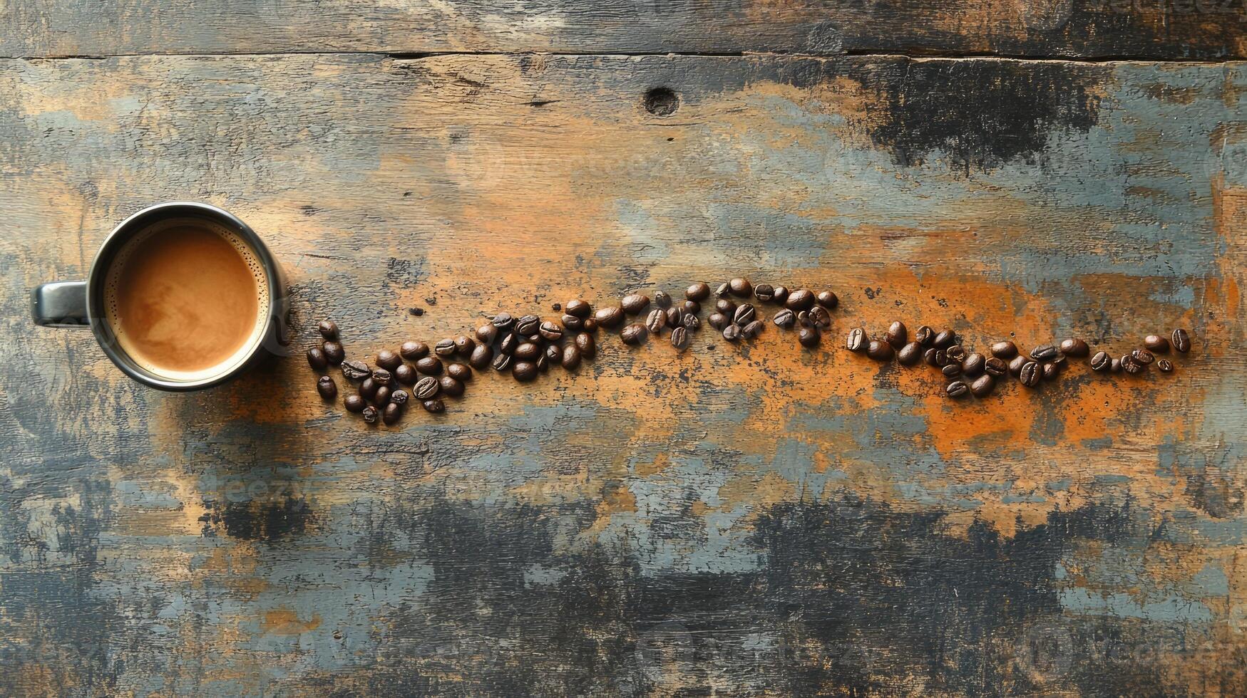 Coffee beans on a rustic wooden table photo