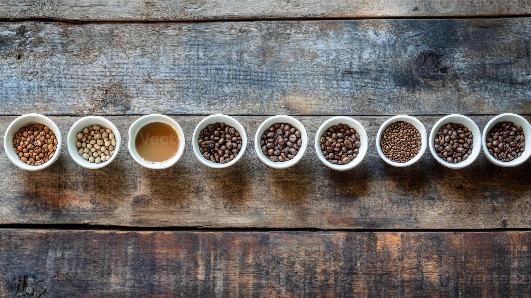 Coffee beans in different sizes on a wooden table photo