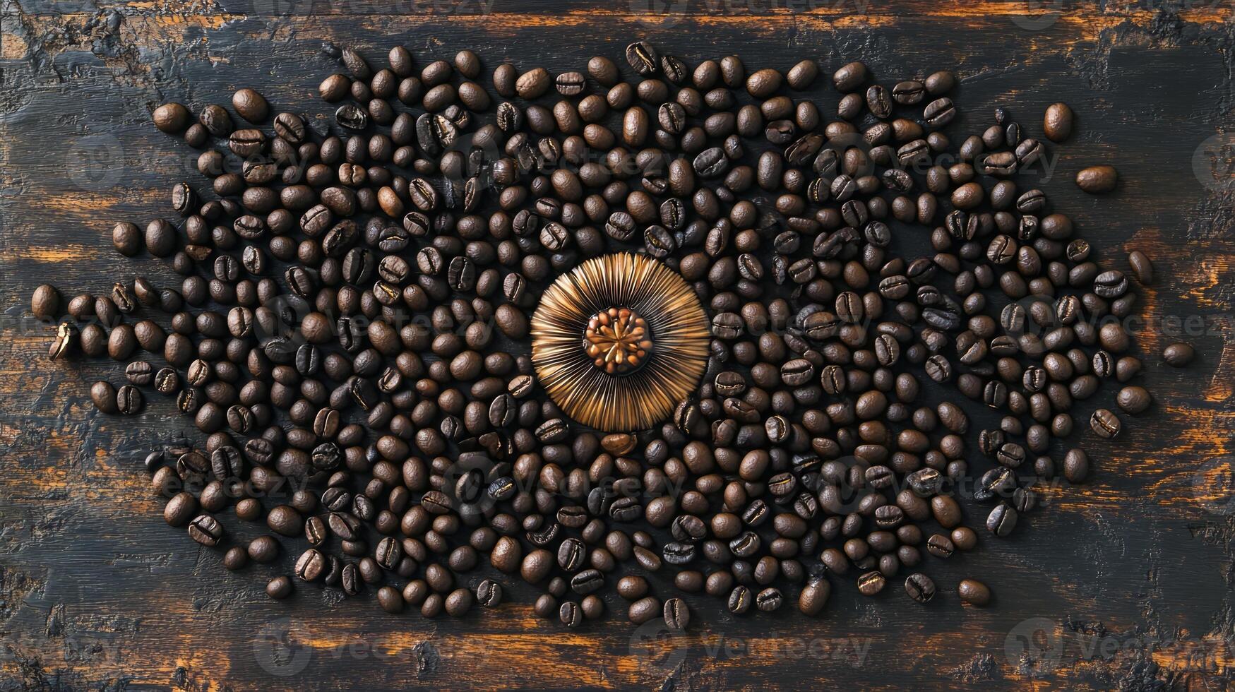 Coffee beans arranged in a circle on a wooden table photo