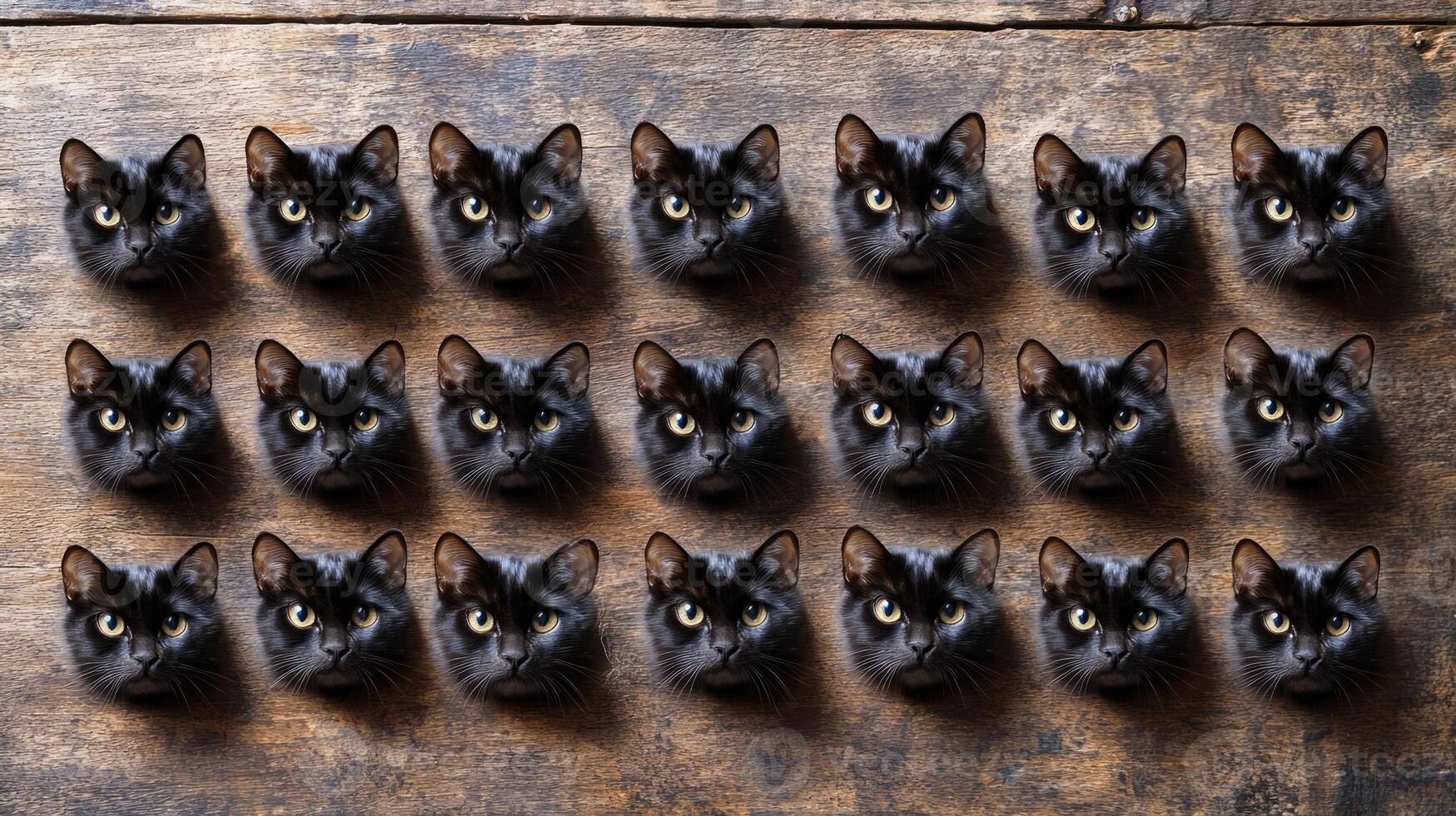 A large group of black cats are arranged in a row photo