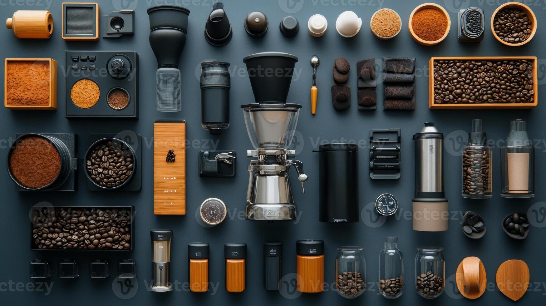 Coffee beans and coffee grinders arranged in a circle photo