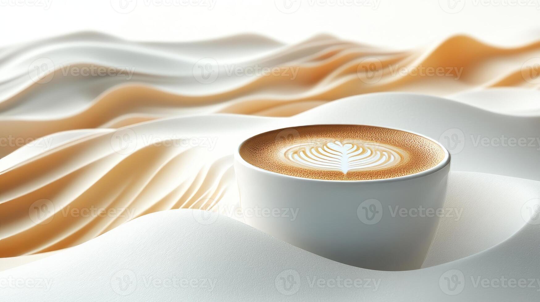A cup of coffee sits on top of a white table photo