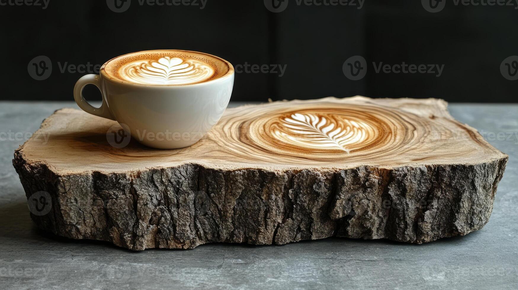 A cup of coffee sits on a piece of wood photo
