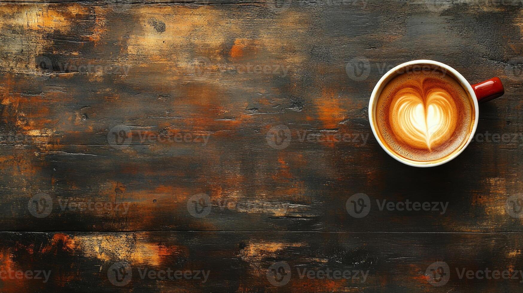 Coffee cup with heart shape on wooden background photo