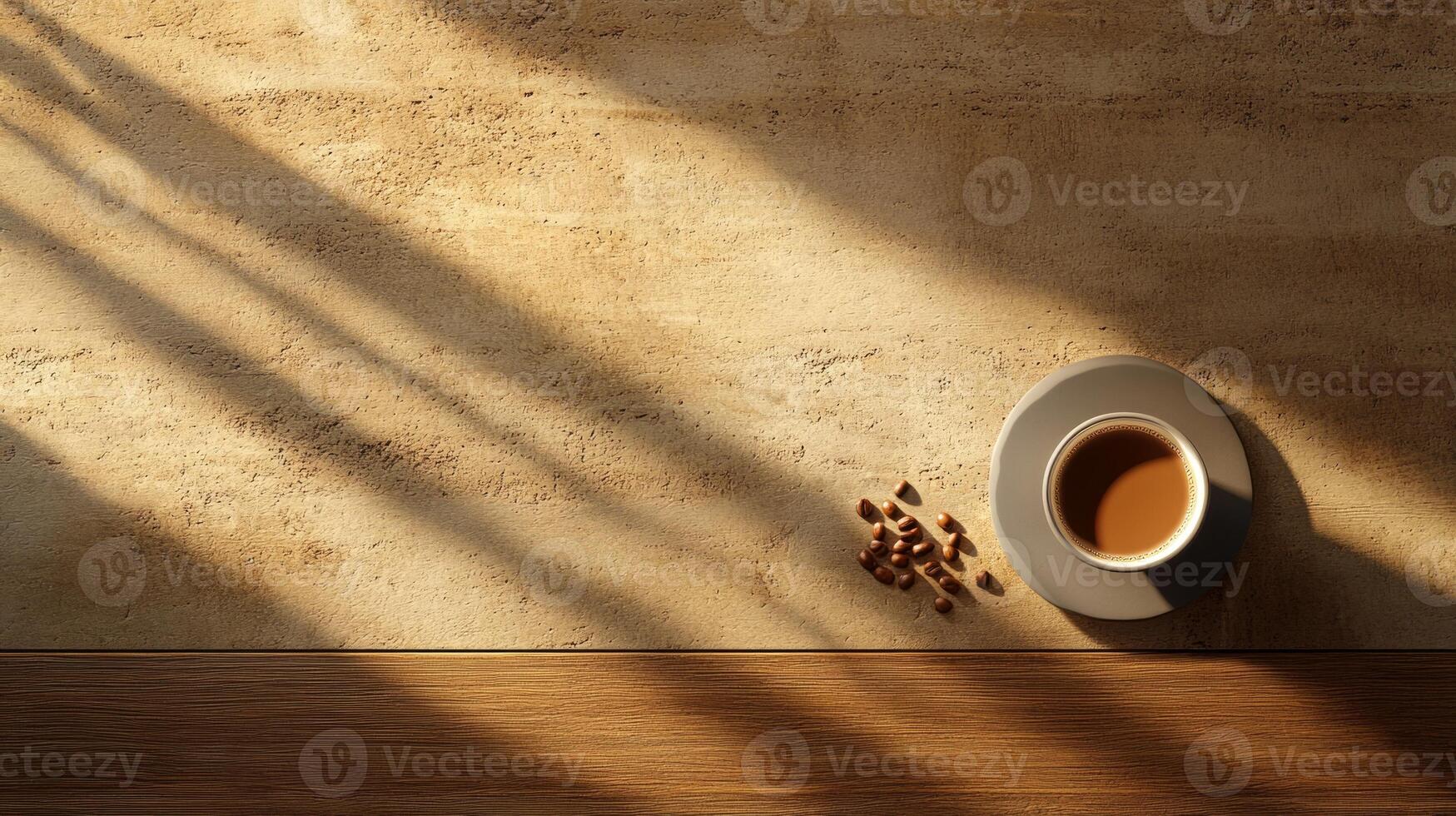Coffee cup and beans on wooden table with shadows photo