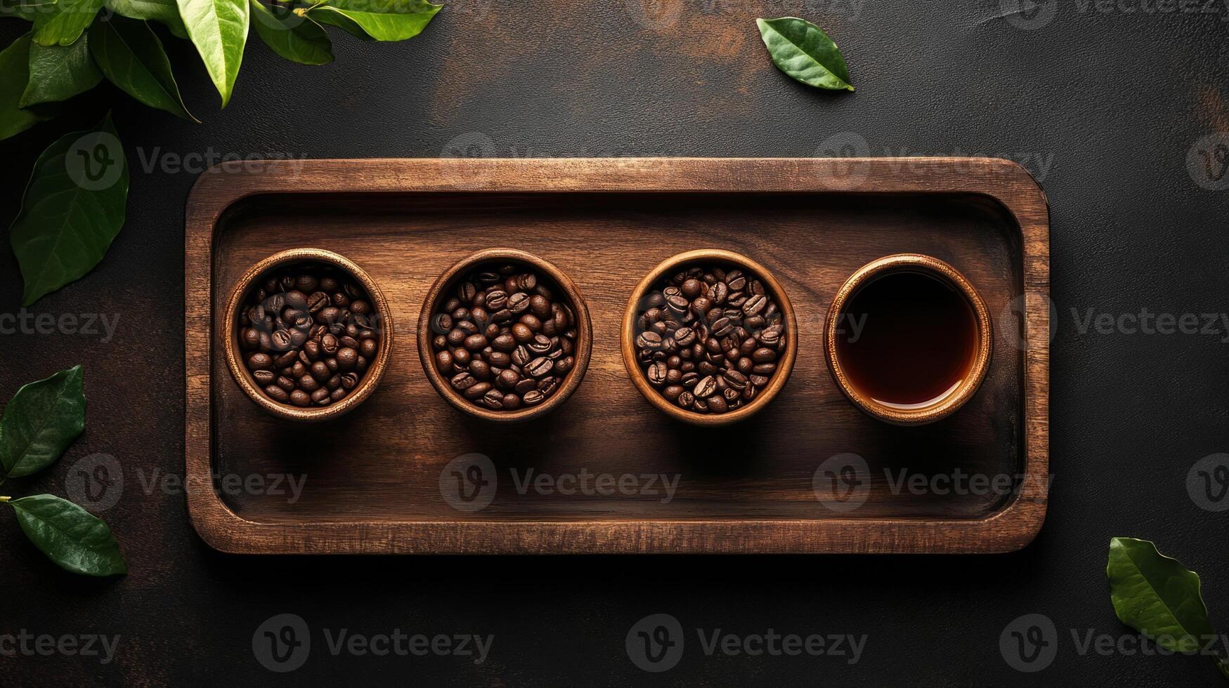 Coffee beans in wooden bowls on a dark background photo