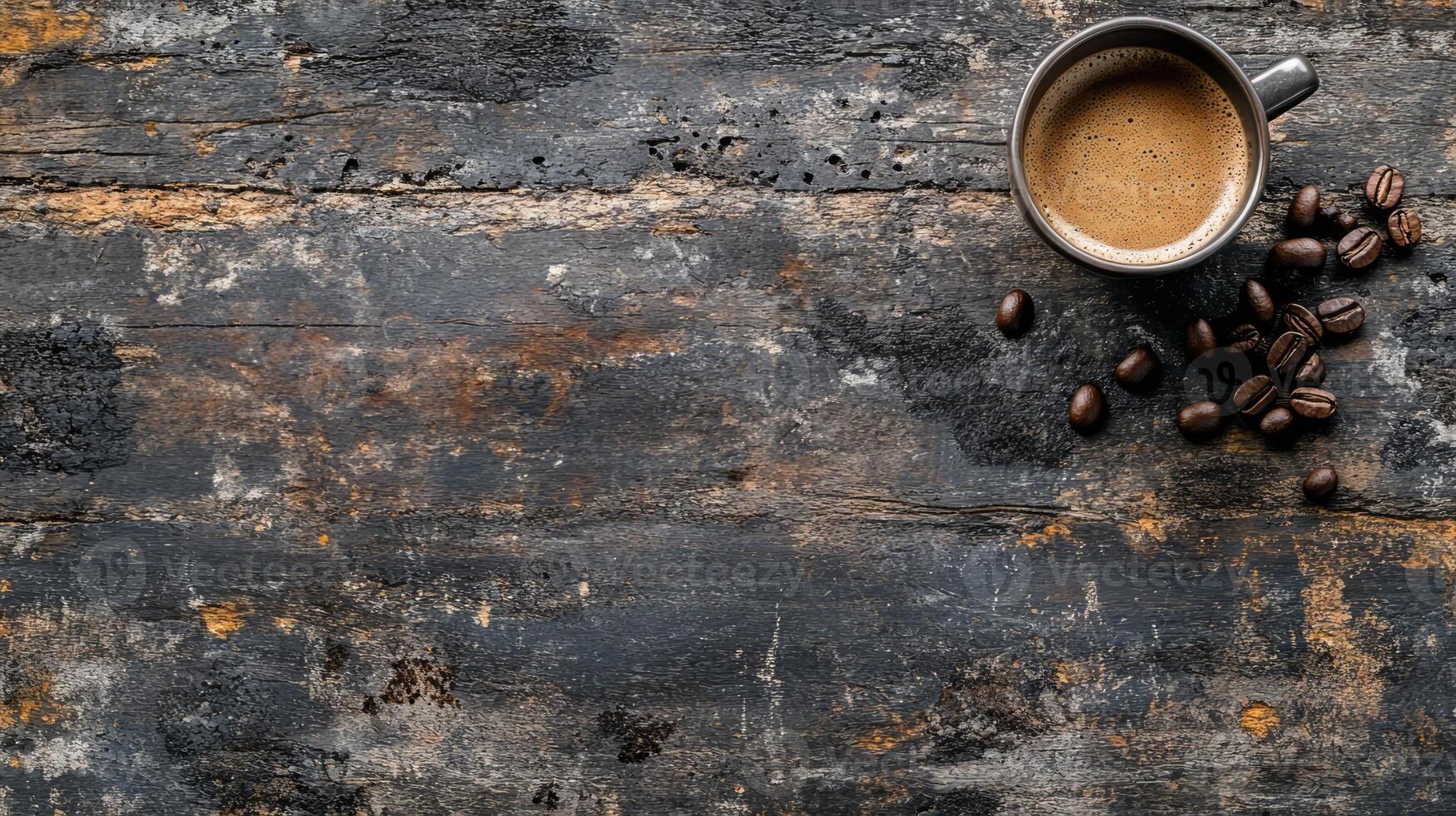 Coffee beans and cup of coffee on rustic background photo