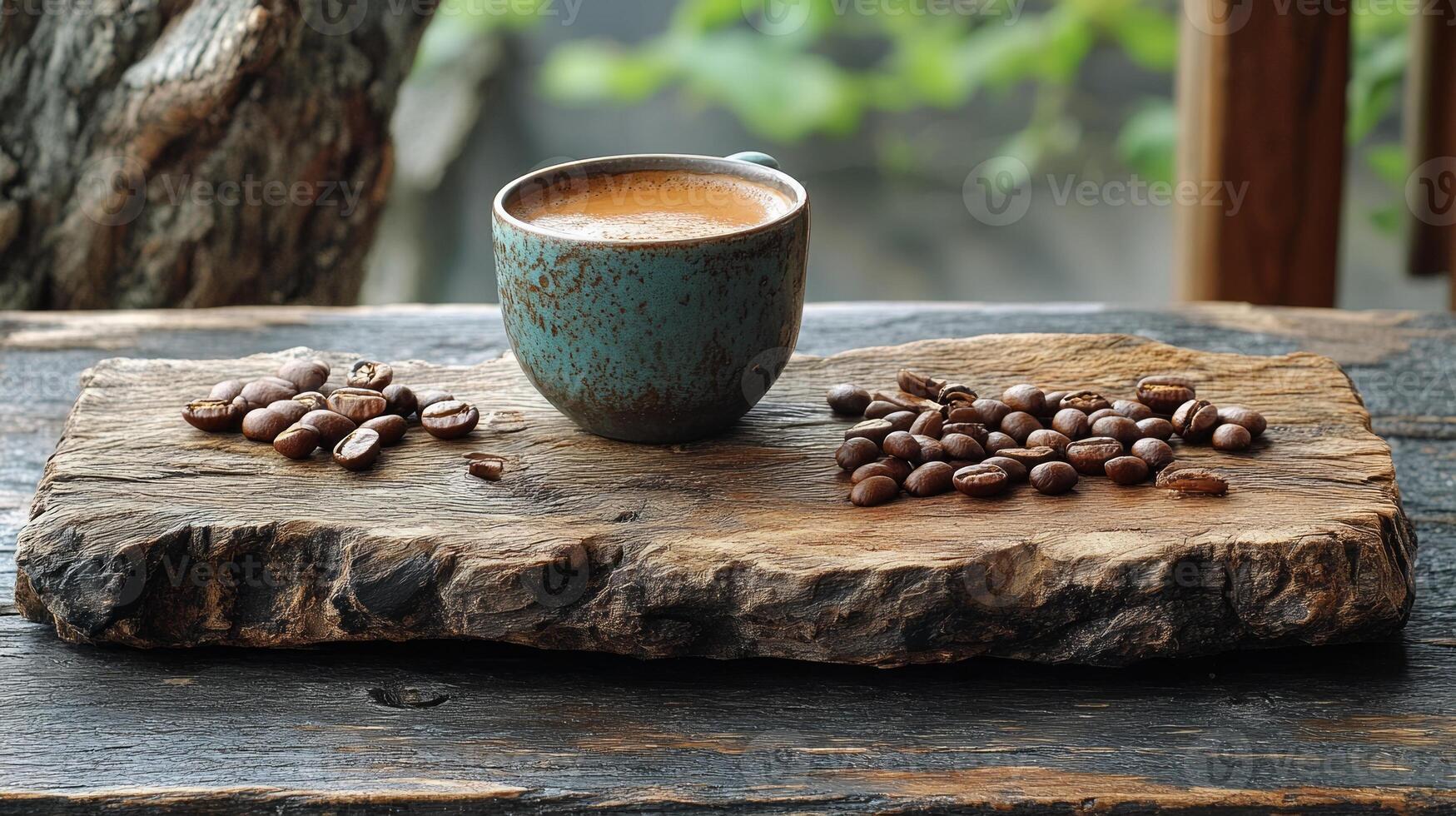 Coffee beans on a wooden tray photo