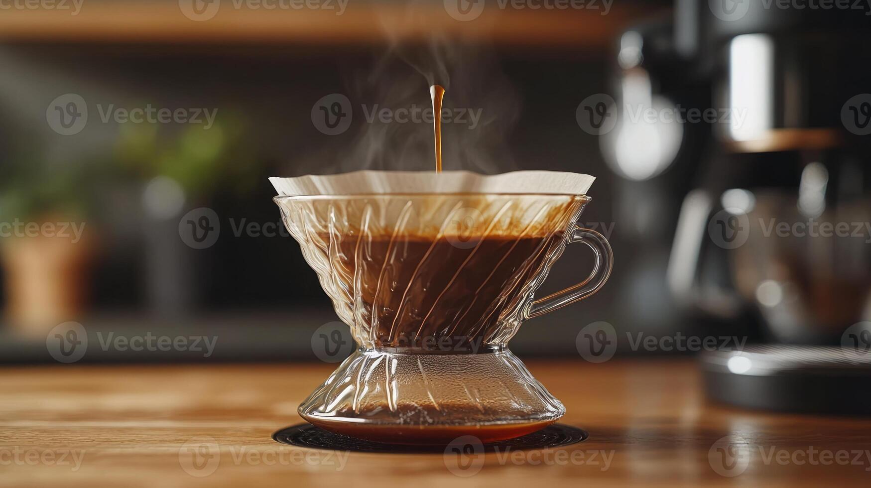 A pour over coffee filter on a wooden table photo