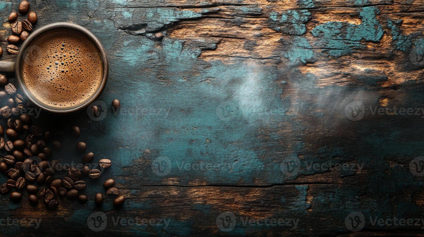 Coffee beans and cup of coffee on wooden background photo