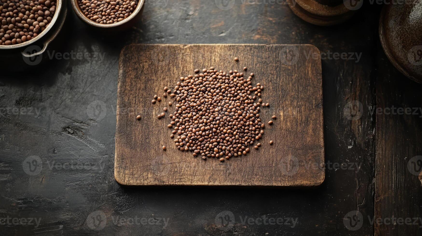 A wooden cutting board with brown seeds on it photo