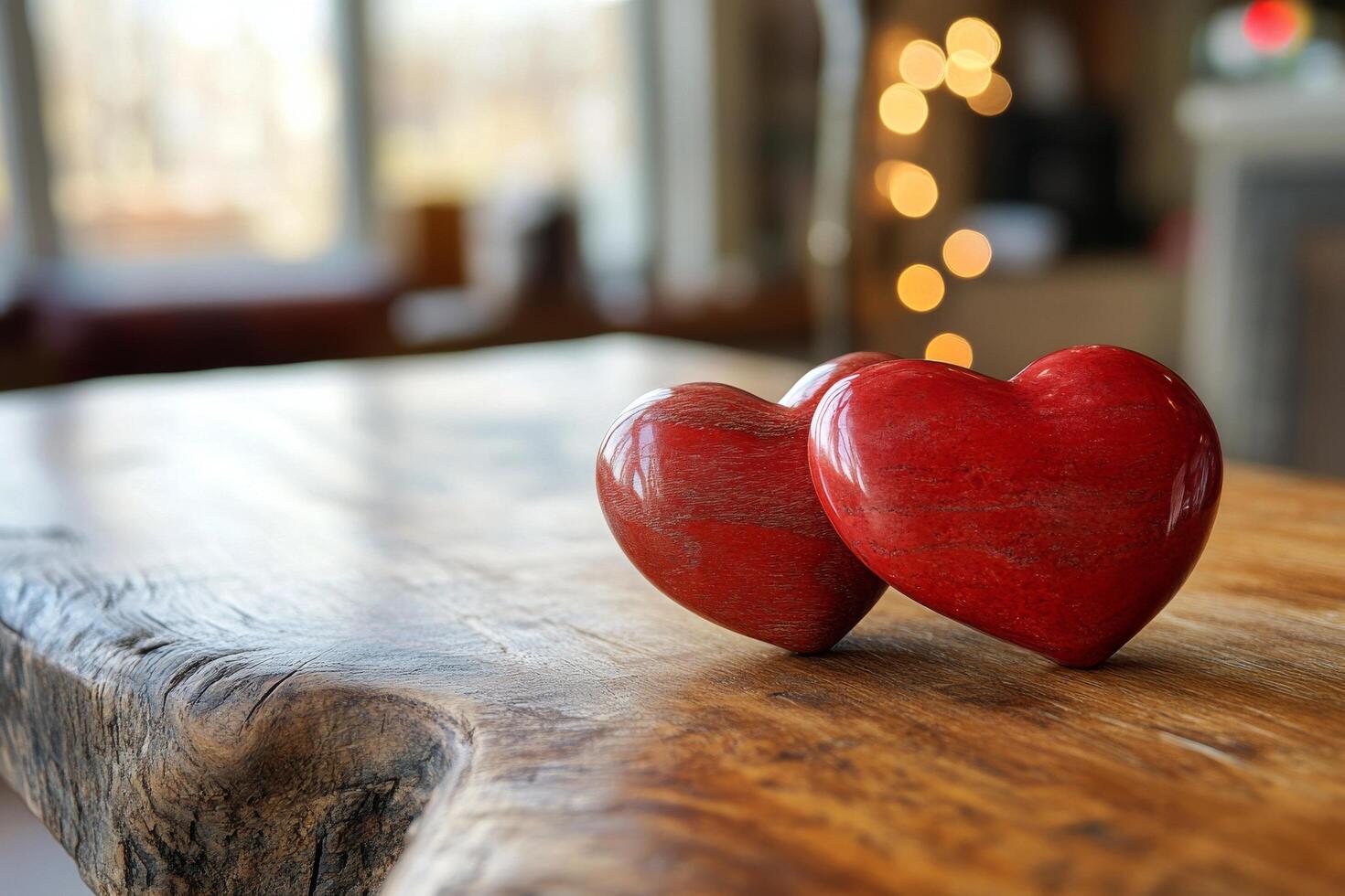 Two red hearts on a wooden surface with a soft bokeh background in natural light photo