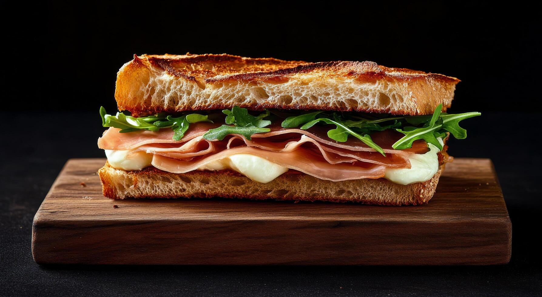 Delicious ham and arugula sandwich on toasted bread served on wooden board photo
