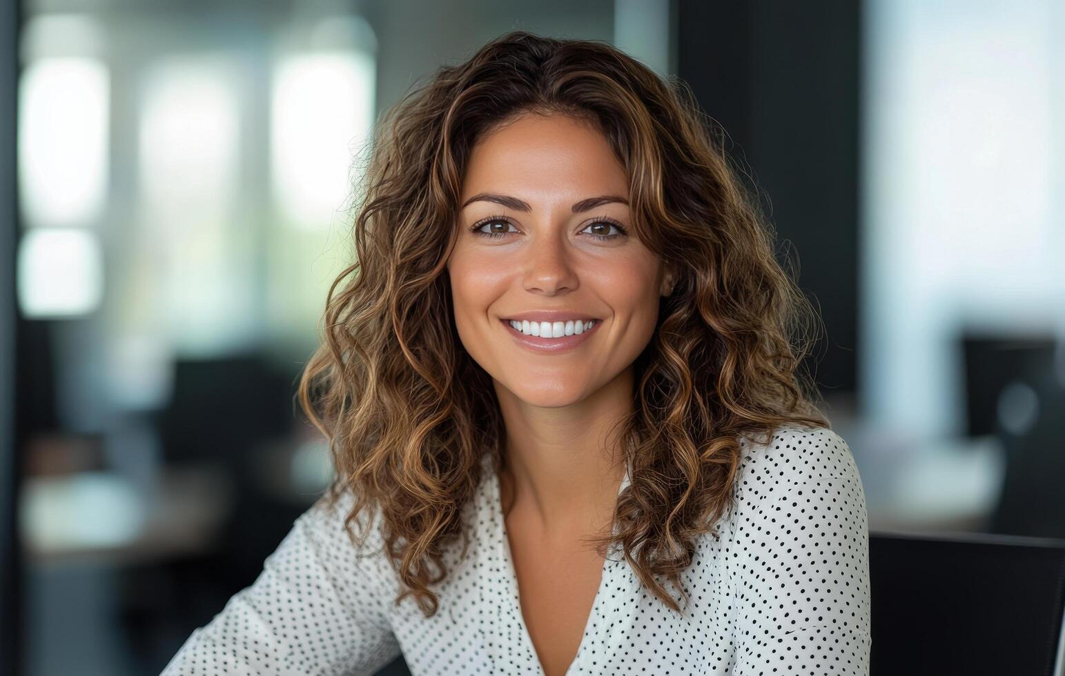 Smiling woman with curly hair in an office setting during daylight hours photo