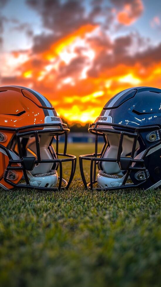 Two football helmets on grass during sunset showcasing team spirit and competition photo