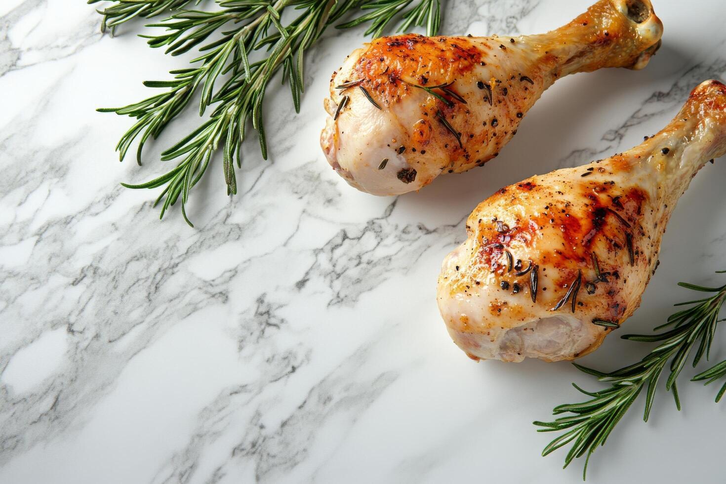 Juicy roasted chicken drumsticks garnished with fresh rosemary on a marble countertop photo