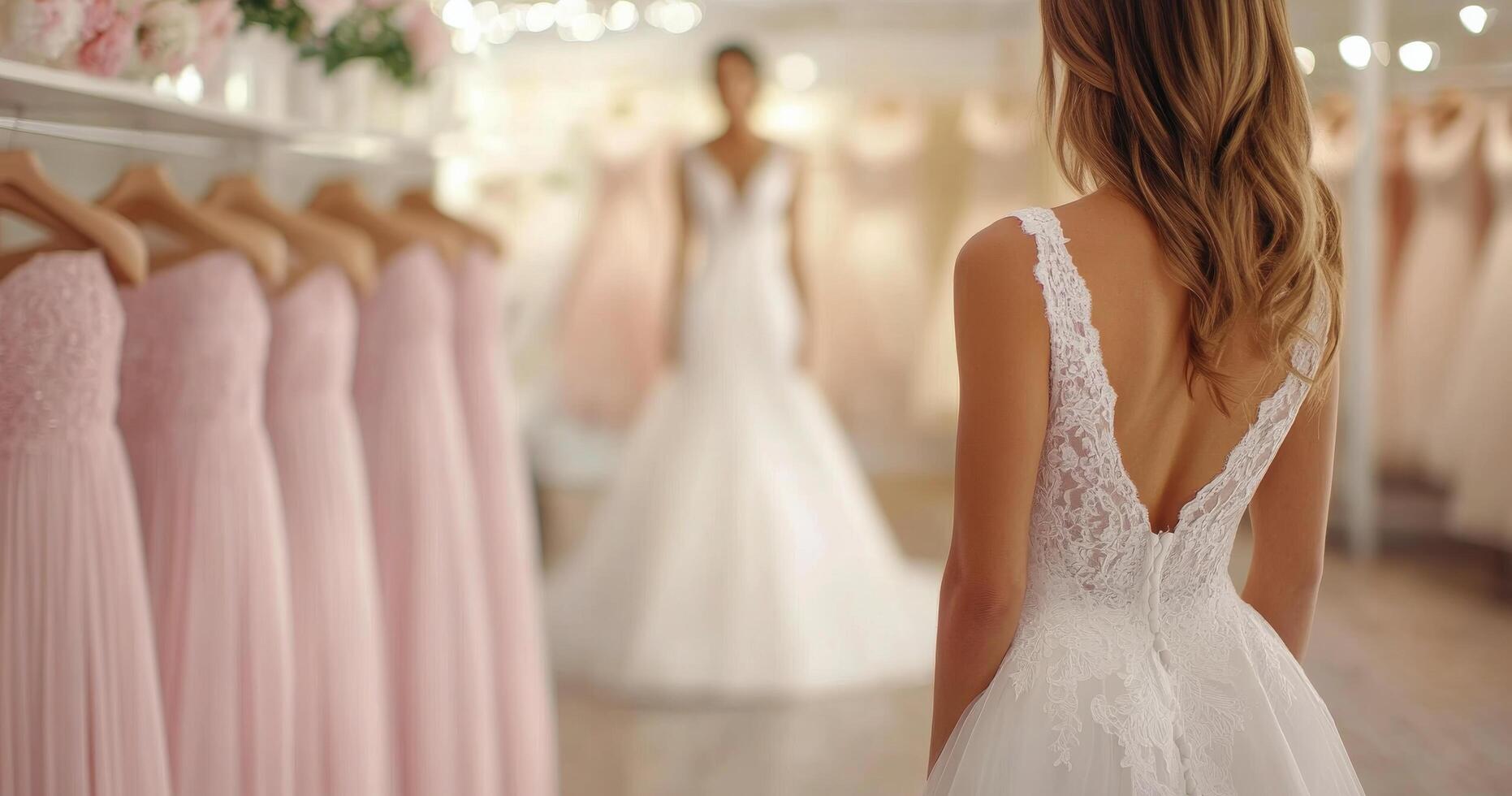 Stunning bride stands with bridesmaids in soft pastel dresses in a bridal shop setting photo