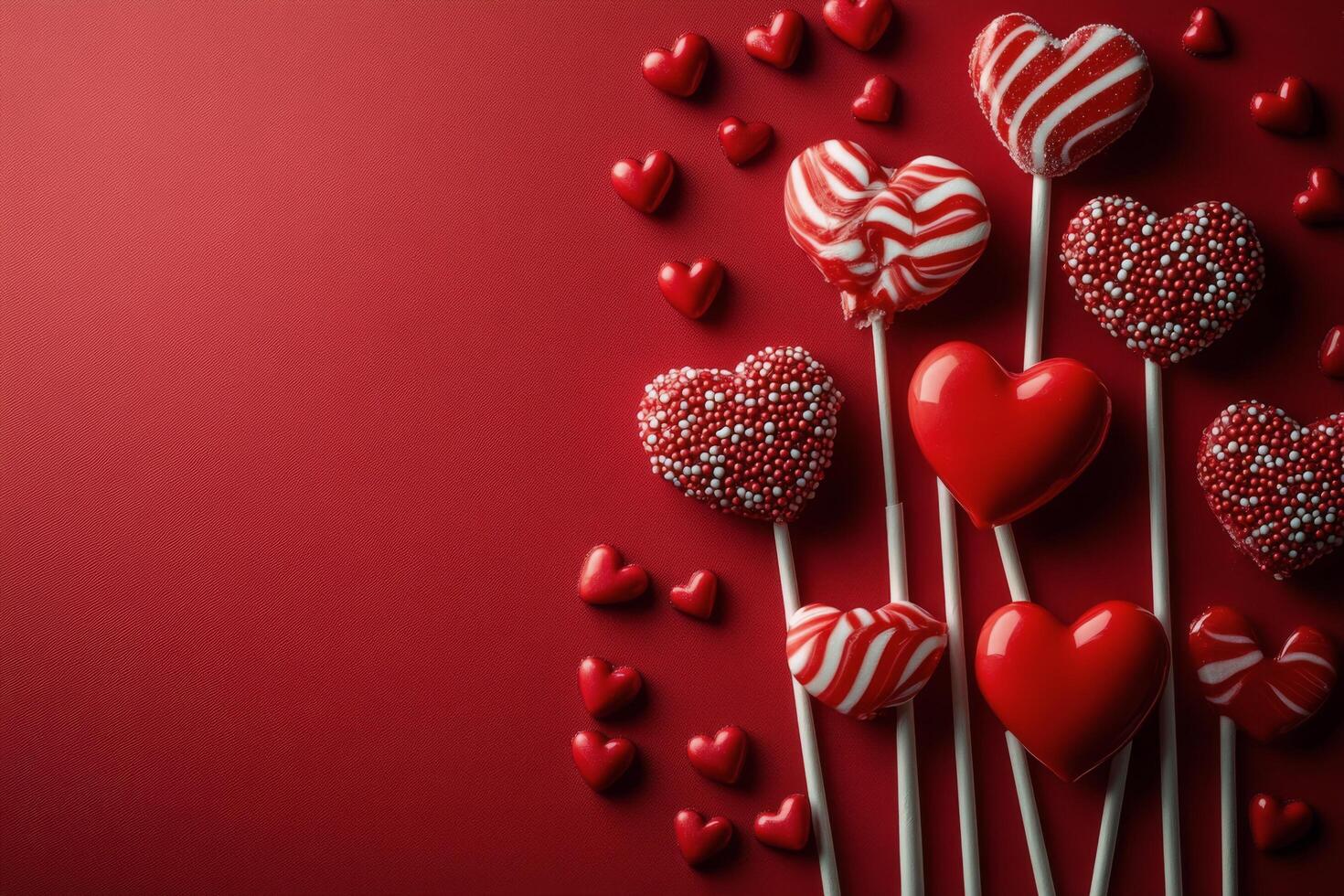 Colorful candy display with heart shaped sweets and lollipops on a vibrant red background photo