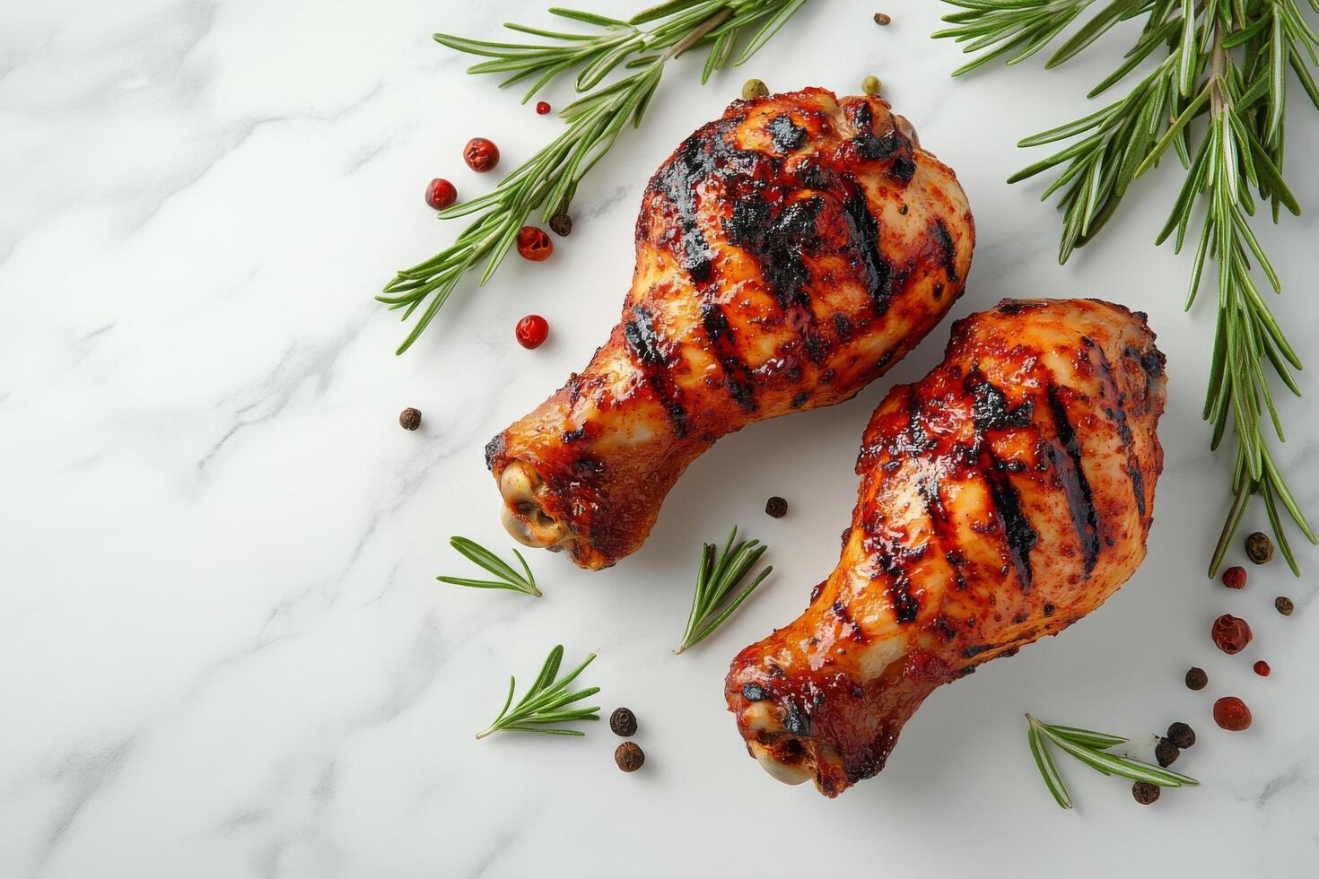 Juicy roasted chicken drumsticks garnished with fresh rosemary on a marble countertop photo