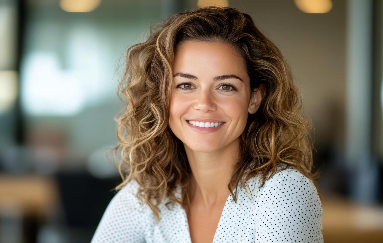 Smiling woman with curly hair in an office setting during daylight hours photo